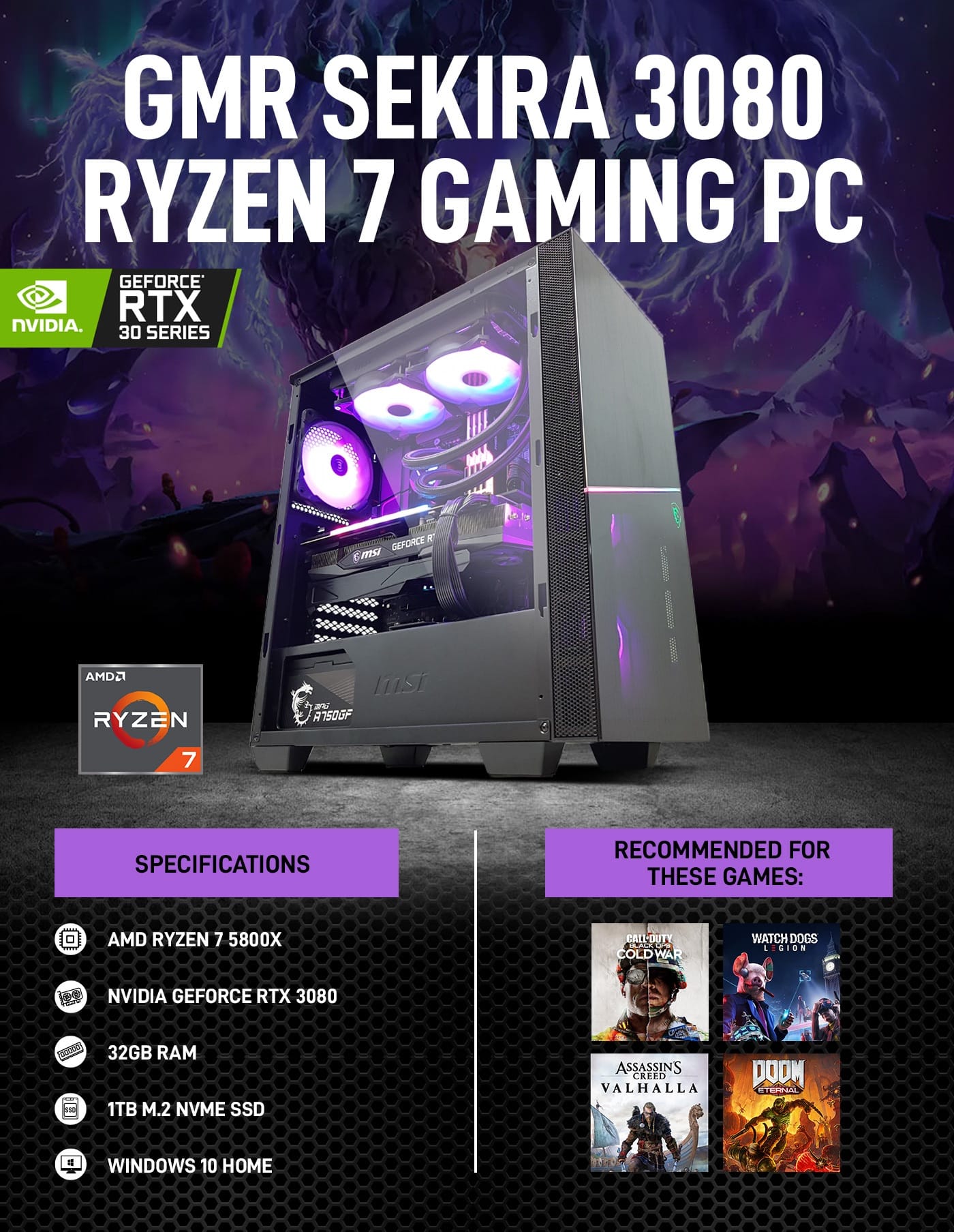 GMR Sekira 3080 Gaming PC AMD Ryzen 5800x, 32GB DDR4 3600