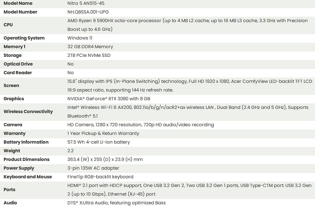 Acer Nitro Cto Fhd Ips Hz Ryzen Hx Gb Ram Tb