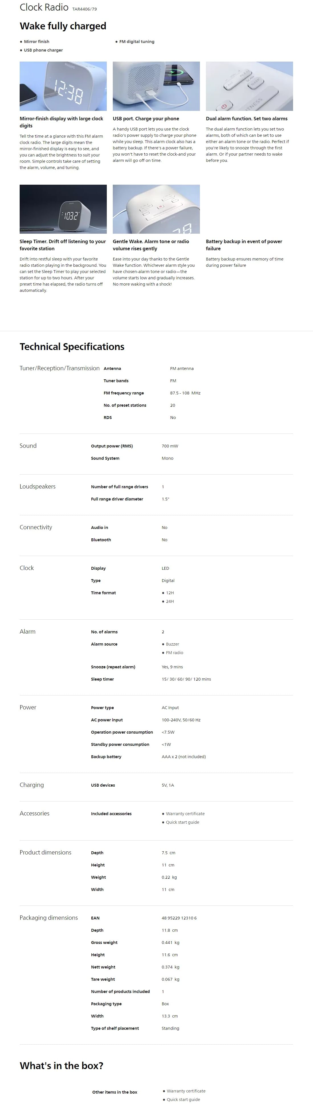 Philips TAR4406 Clock Radio USBCharge