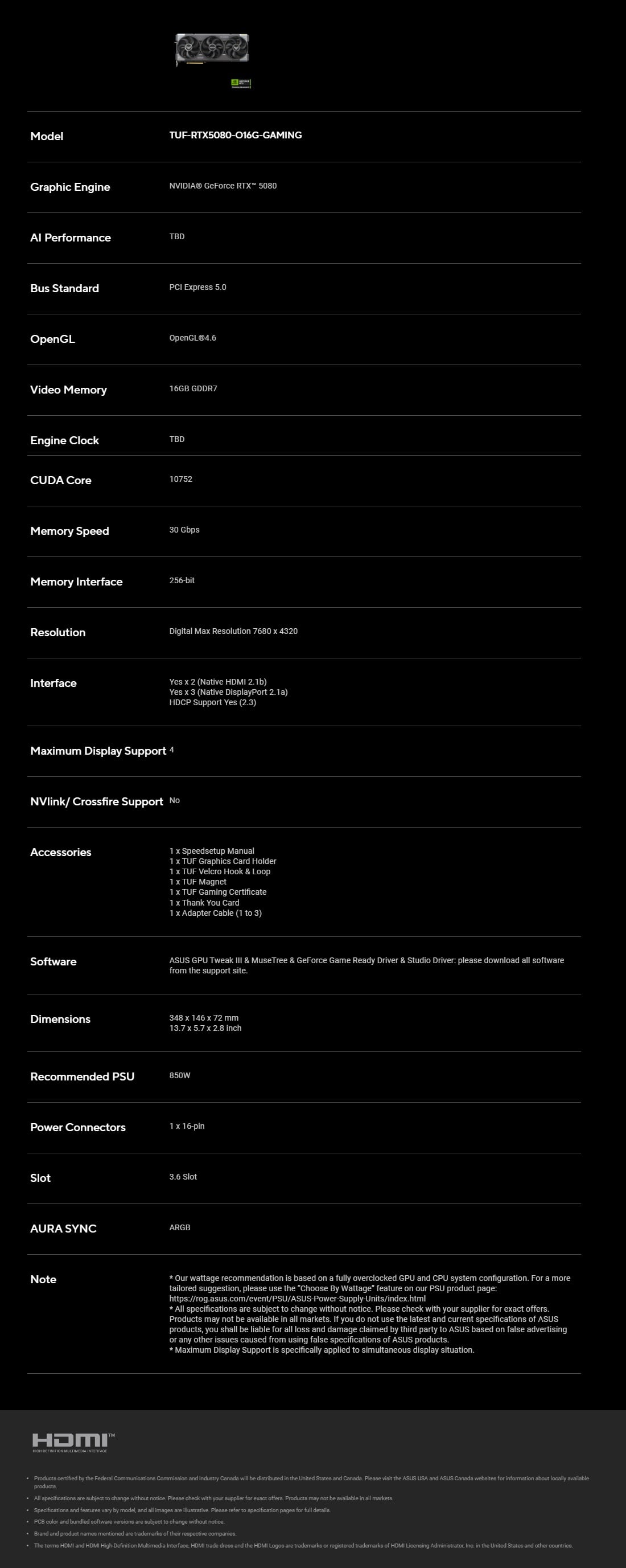 ASUS TUF Gaming GeForce RTX 5080 16G OC Graphics Card - detail image