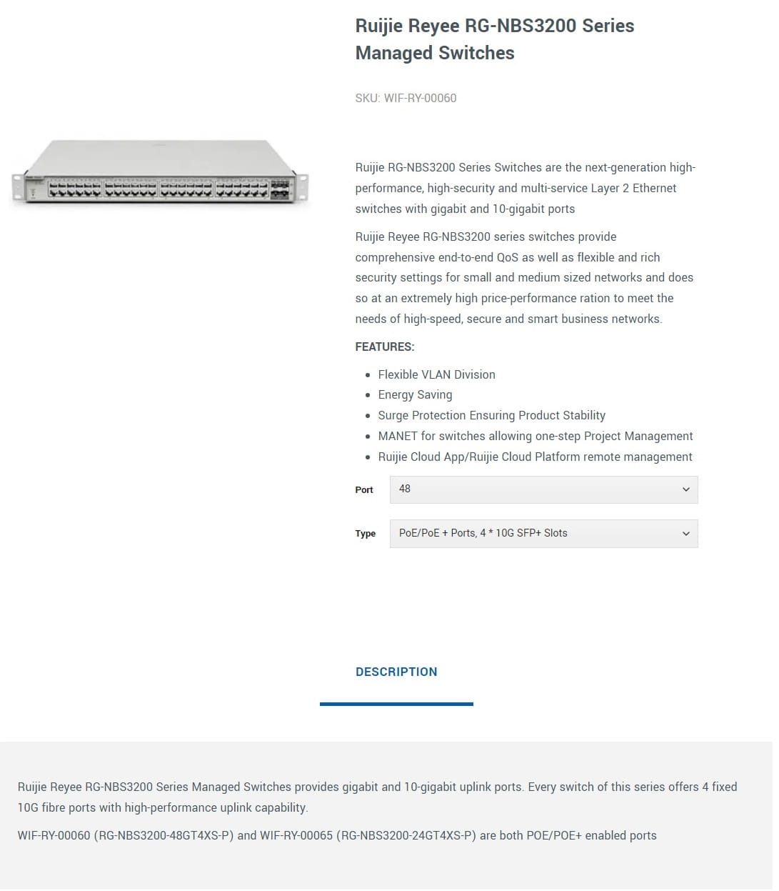 Ruijie NBS3200-48GT4XS-P 48-Port PoE/PoE Ports, 4* 10G SFP+ Slots Managed  Switch