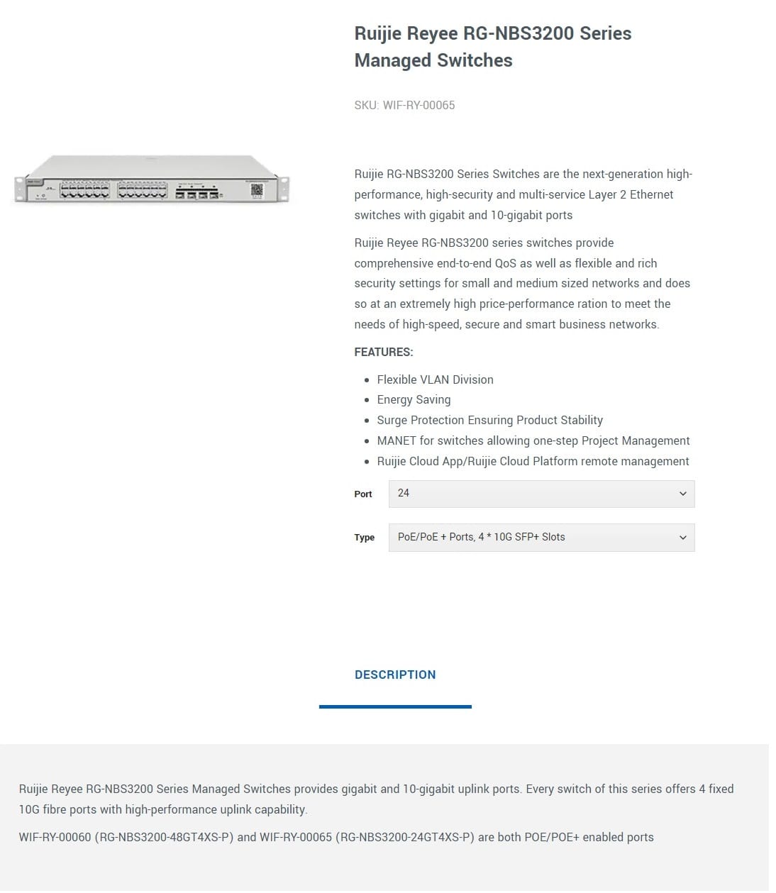 Ruijie NBS3200-24GT4XS-P 24-Port PoE/PoE +, 4* 10G SFP+ Slots Managed Switch
