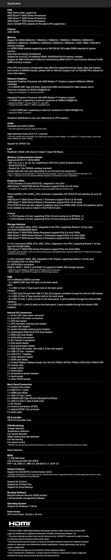 Gigabyte X870E AORUS PRO AM5 ATX Motherboard